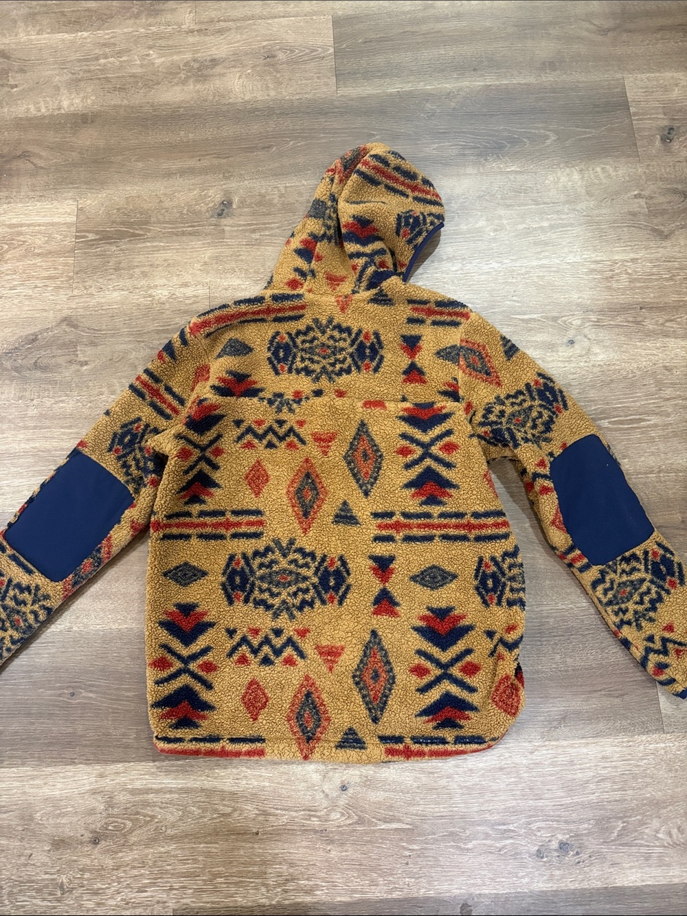 The North Face Men's Hooded Sherpa Pullover - Mustard with Navy & Red Pattern - Picture 3 of 3